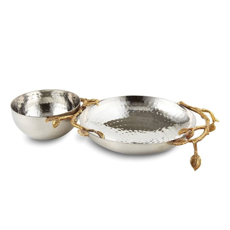 Curata Hammered Stainless Steel with Golden Vine Trim Chip and Dip Bowls