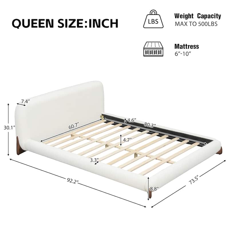 White Upholstered Low-Profile Platform Bed with Boucle Thick Headboard, Solid Wood Legs Grounded Bed Frame, Floor Bed
