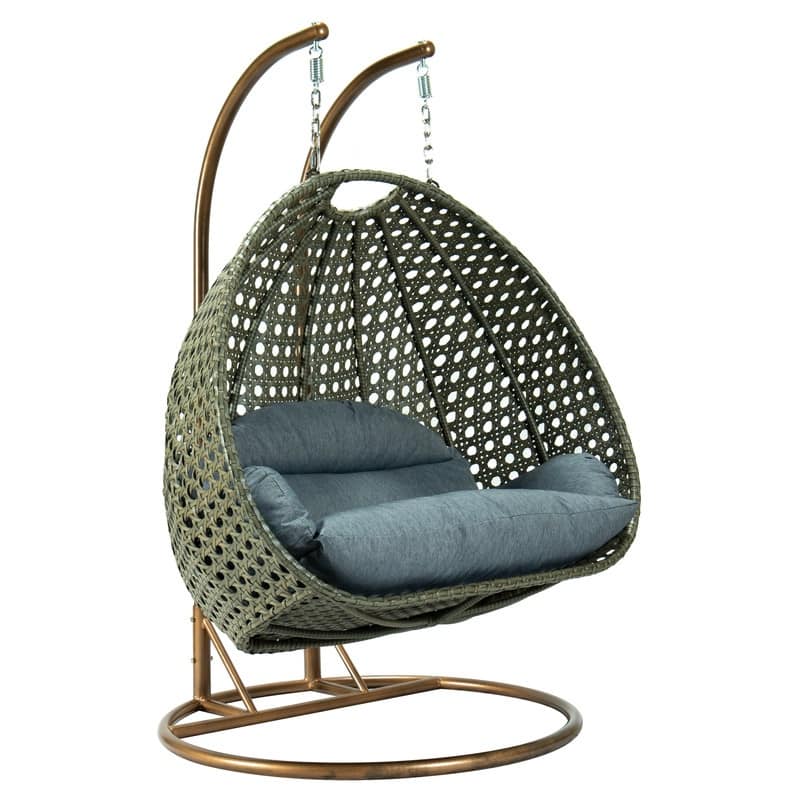 LeisureMod Modern 2-Person Egg Hanging Swing Chair with Beige Wicker, Oxford Fabric Cover, Patio Hammock Lounger and Cushions