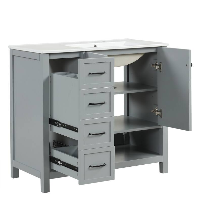 Freestanding Storage Cabinet Bathroom Vanity with Drop-In Sink, Ceramic Top, 2 Doors, 2 Drawers and Open Shelf
