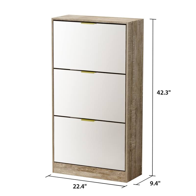 Timechee Shoe Cabinet with 3 Mirrored Flip Drawers, Free Standing Slim