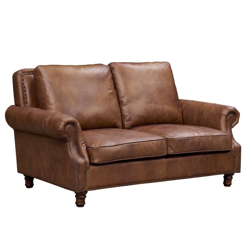 English Rolled Arm Love Seat - Leather - Bark Brown