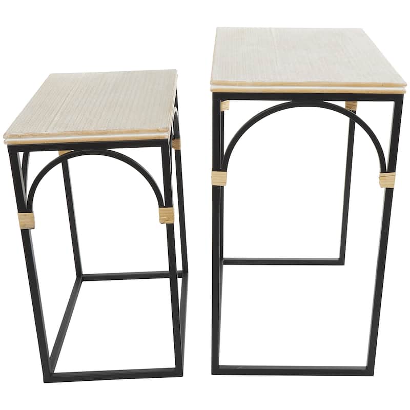 Metal Arched Side End Accent Table with Wood Zig Zag Patterned Top and Rattan Accents - Set of 2 Black - Roche River Decor