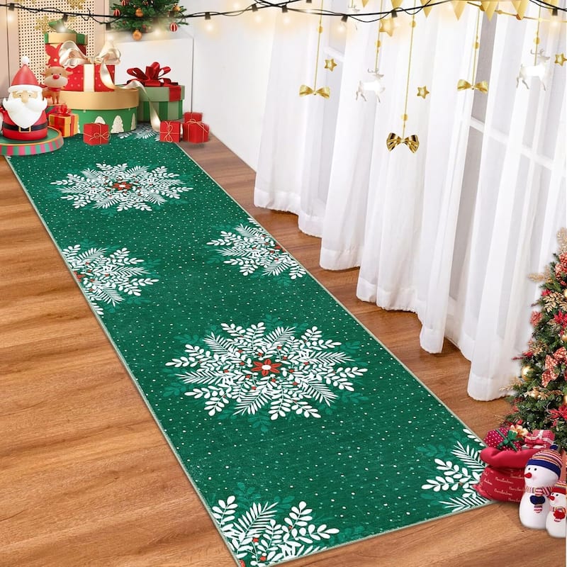 Christmas Snowflake Washable Area Rug, Floor Carpet for Holiday Decor, Green - 2*6ft
