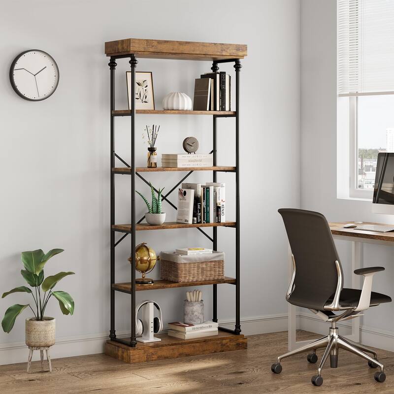 Bookshelf Industrial Bookcase Wooden Storage Open Rack Shelf with Metal Frame