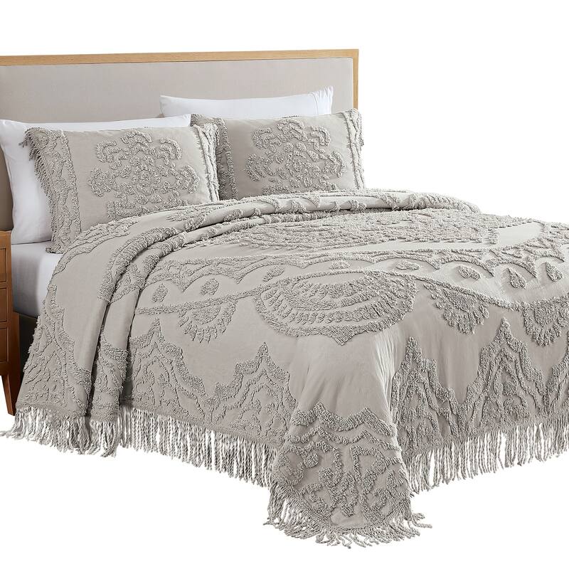 Luxurious Lotus Textured Chenille Fringe Border Bedspread