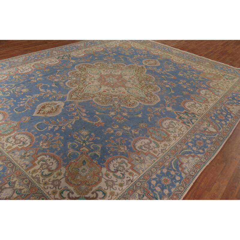 Blue Tabriz Persian Vintage Rug Hand-Knotted Traditional Wool Carpet - 10'0"x 13'2"