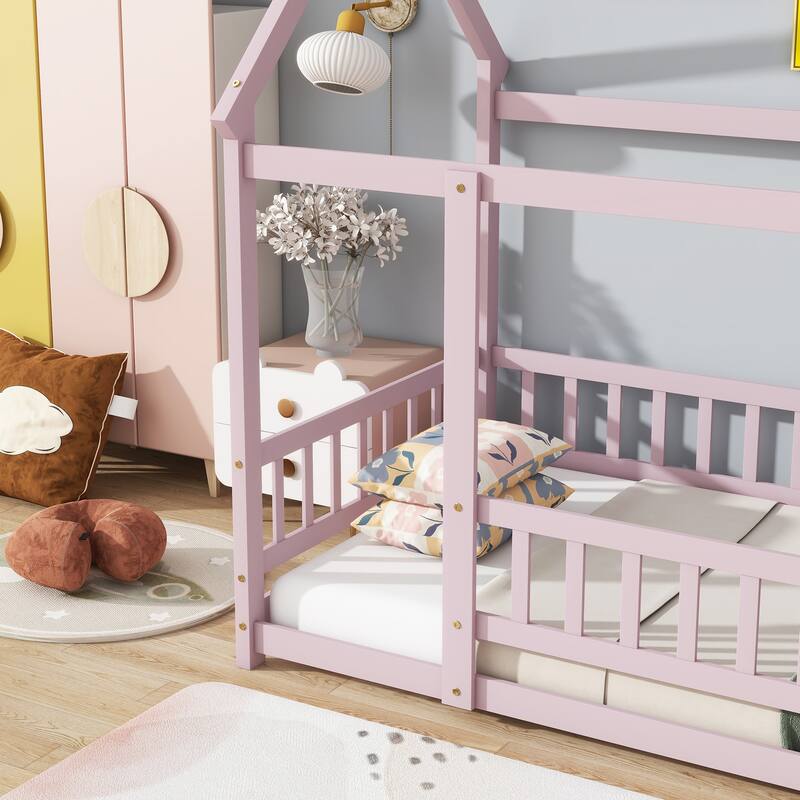 House Floor Wooden Bed with Roof Frame - Pink