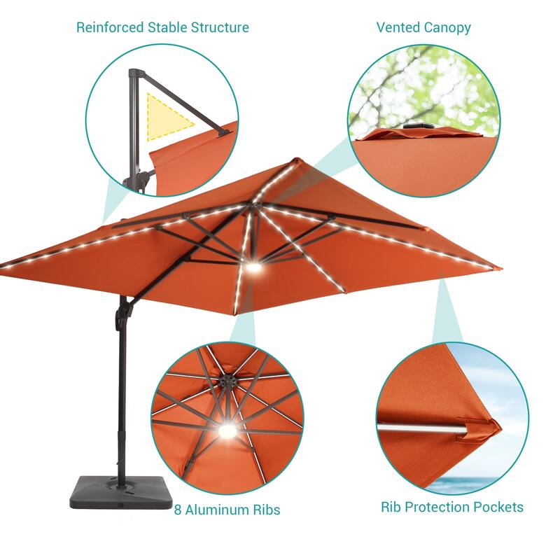 BONOSUKI 10x10FT LED Cantilever Patio Umbrella Angle Adjustment w/Base