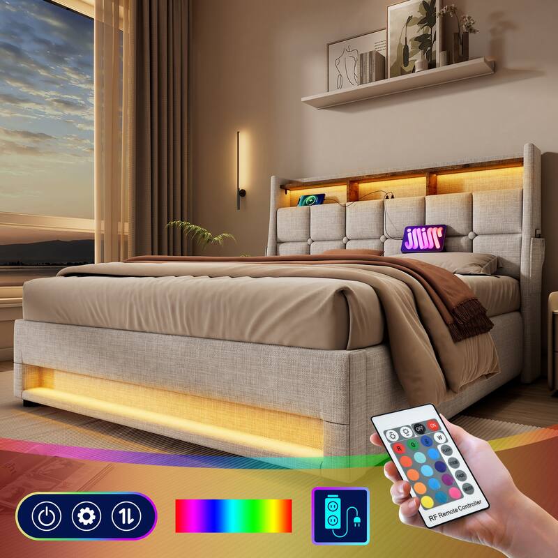 Roomfitters Full Size Upholstered Platform Bed with Storage System, USB Charging Ports
