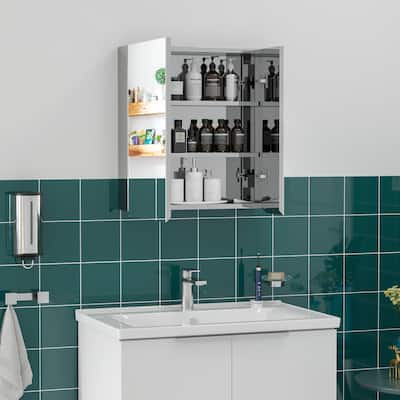 Wall-Mounted Bathroom Medicine Cabinet, Wall Mirror Cabinet with Hinged Doors, Storage Shelves, Silver