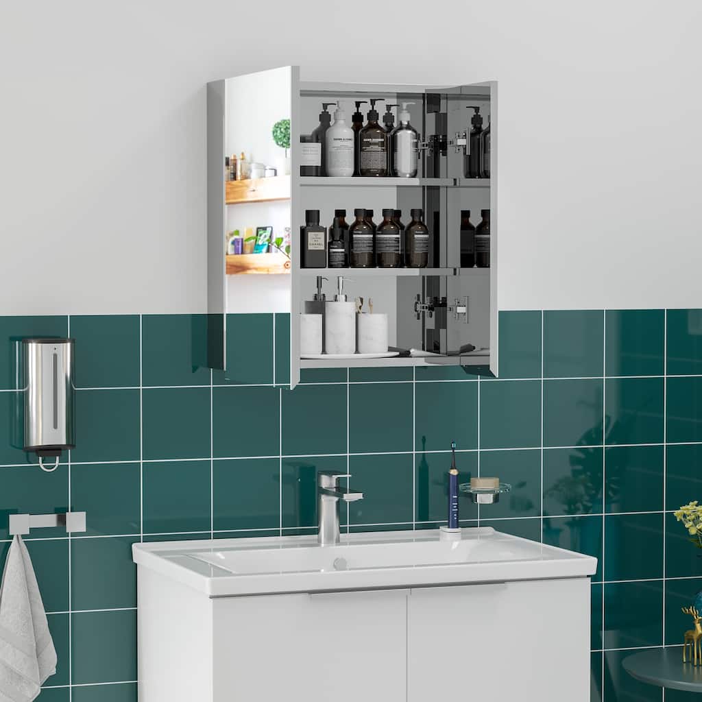 Wall-Mounted Bathroom Medicine Cabinet, Wall Mirror Cabinet with Hinged Doors, Storage Shelves, Silver