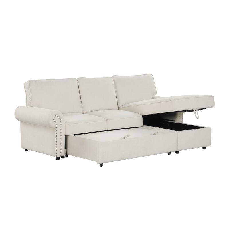 95" Convertible Sectional Sleeper Sofa with Storage Chaise, Pull-Down Tray & Cup Holders, Acacia Wood Frame (Polyester)