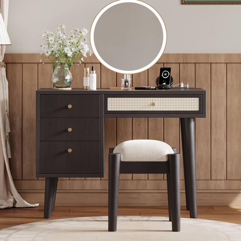 Vanity Set with Rattan Drawers, USB Ports & Stool