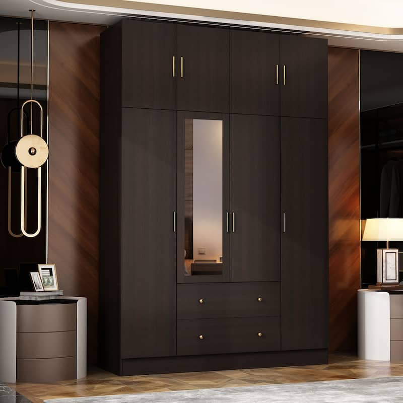 4 Door Wardrobe Large Storage Cabinet Armoire with Mirror and 2 Drawer
