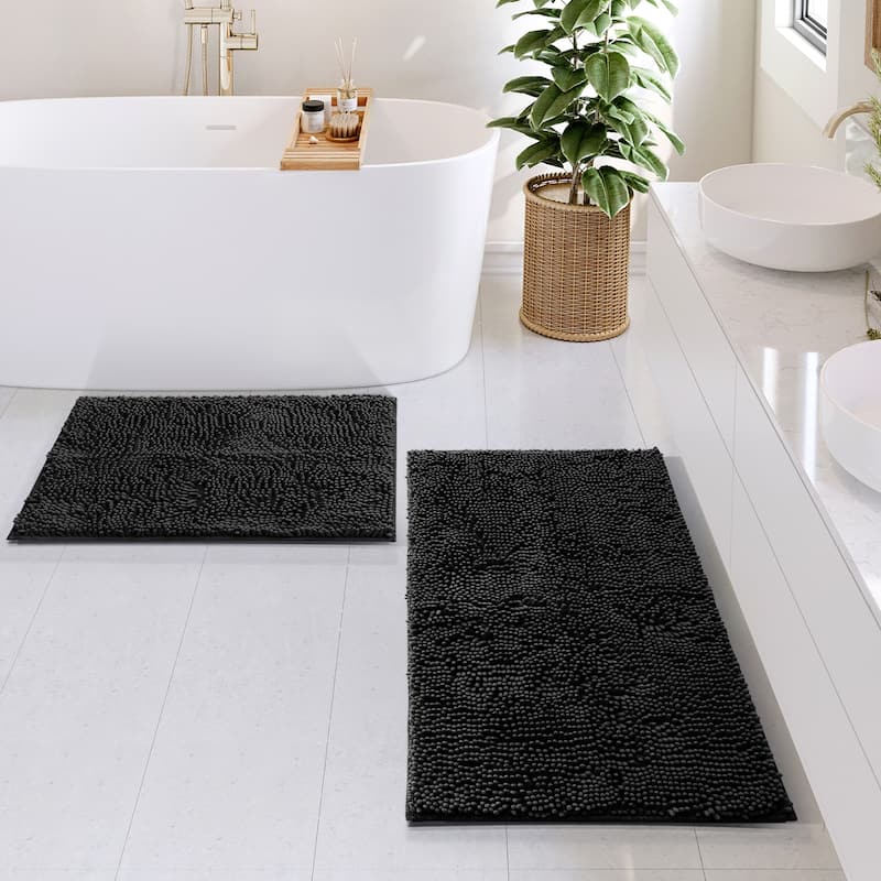 Empyrean Non-Slip Super Plush Chenille Bathroom Rugs - Small + Medium - Black