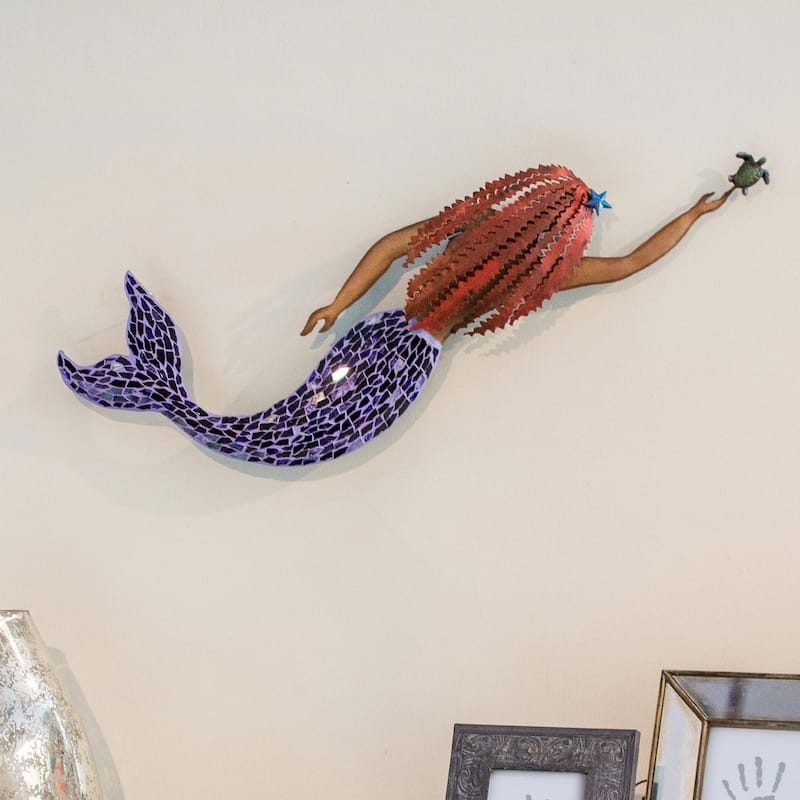 NOVICA Iron And Glass Mosaic Wall Sculpture, 'Mermaid And Turtle' (Mexico)