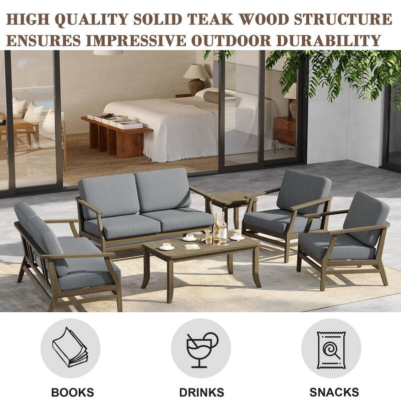 6-Seat Outdoor Teak Wood Patio Conversation Set with Cushions Tables