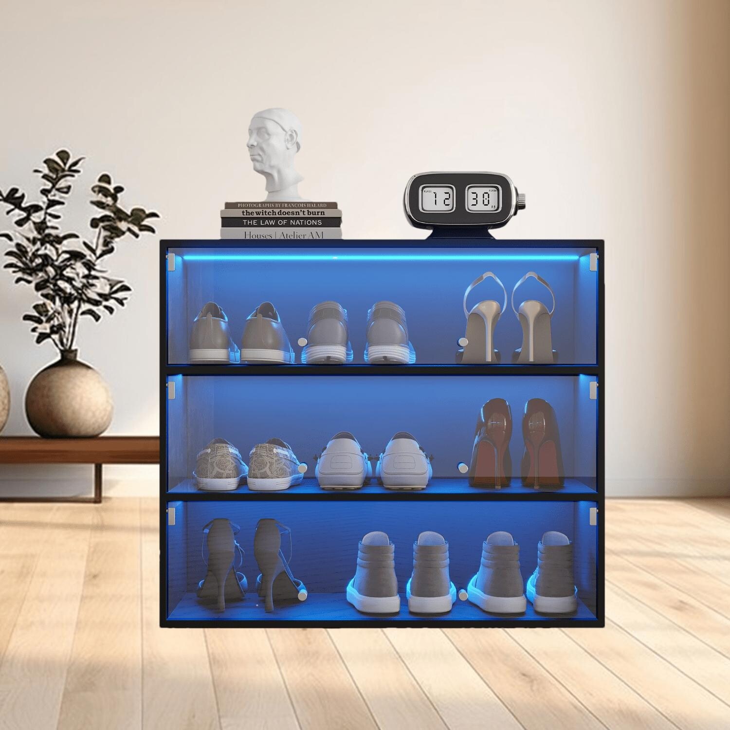 Glass Door Shoe Storage Rack Cabinet with RGB LED Lights