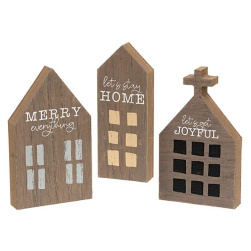 Chunky Primitive House Sitters - Joyful, Merry, Home Decor- 3 Asstd. - 5” x 2” x 0.75” - Brown