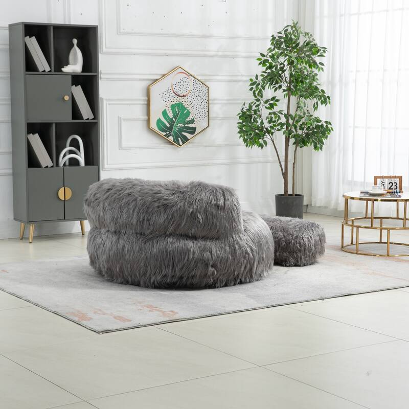 Fluffy Bean Bag Chair with Ottoman, Comfy Bean Bag Lounger for Adults and Kids, Ultra Soft Lazy Sofa Chair with Memory Foam