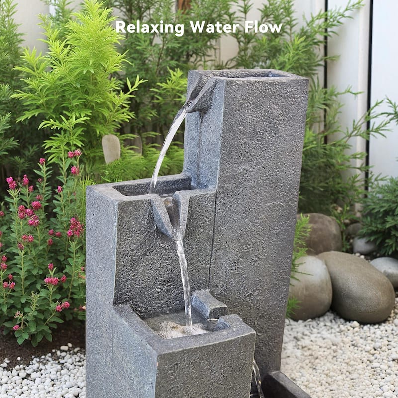 Vbal Modern Minimalist 4-Tier Outdoor Flowing Geometric Floor Fountain with 3 Warm LED Lights