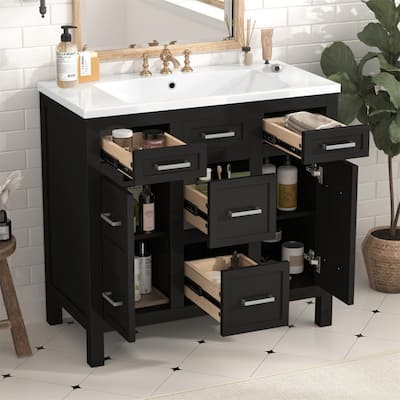 36" Bathroom Vanity with Resin Sink Top, Bathroom Vanity Cabinet with 4 Drawers, 2 Soft Close Doors and Adjustable Shelves