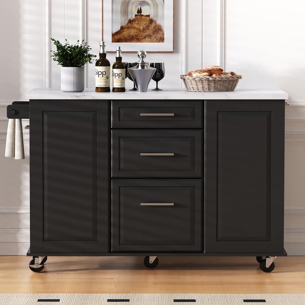 50.7" Kitchen Island with Drop Leaf, Pull Out Cabinet Organizer, Rolling Wheels, Trash Bin and 2 Drawers
