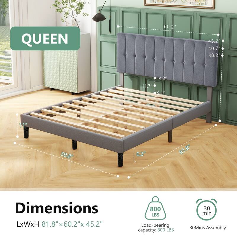 Twin Bed Frame Upholstered Platform with Headboard and Strong Wooden Slats,No Box Spring Needed, Easy Assembly
