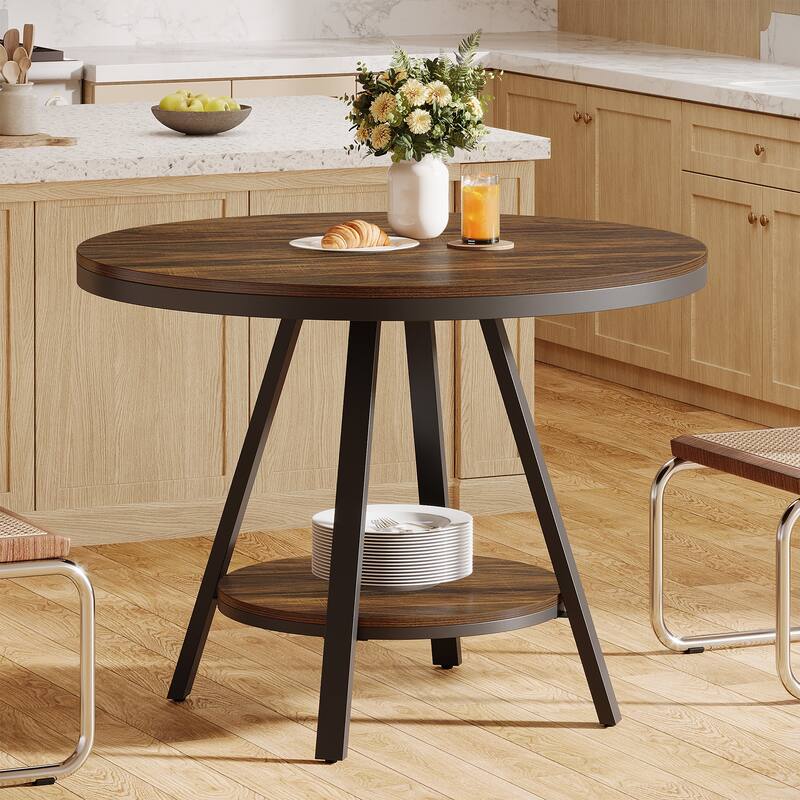 2 Tier Small Round Dining Table for 2-4 People, Industrial Kitchen Dinner Table with Sturdy Metal Leg - Brown + Black