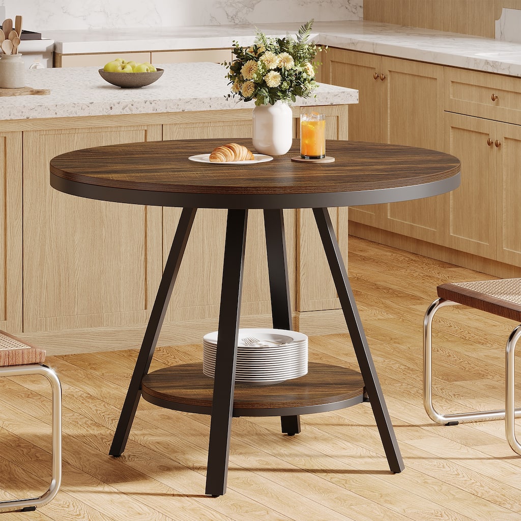 35'' Round Kitchen Dining Table for 2-4 People, Sturdy Metal Leg
