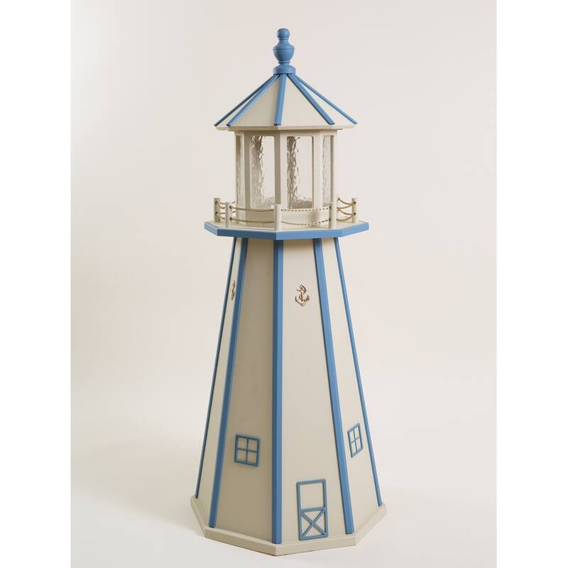 Wooden Lighthouse with Solar Light - 4 Foot - Beige/Blue