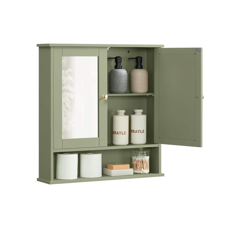 Wall Mounted Bathroom Cabinet with Mirrored Doors and Adjustable Shelf - 5.1"D x 22.2"W x 23"H - Laurel Green