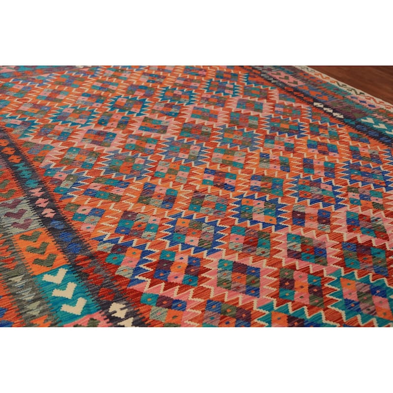 Reversable Kilim Oriental Area Rug Hand-Woven Orange Wool Carpet - 9'9"x 13'5"