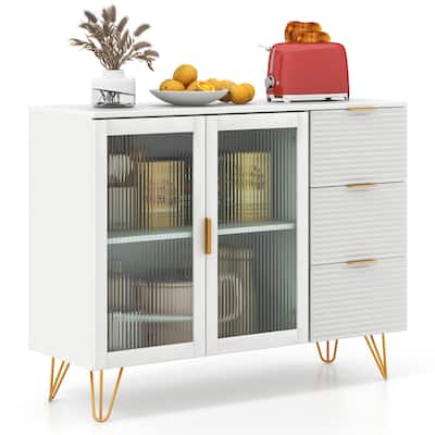 Gymax Buffet Server Sideboard w/ 2 Tempered Glass Doors & 3 Drawers