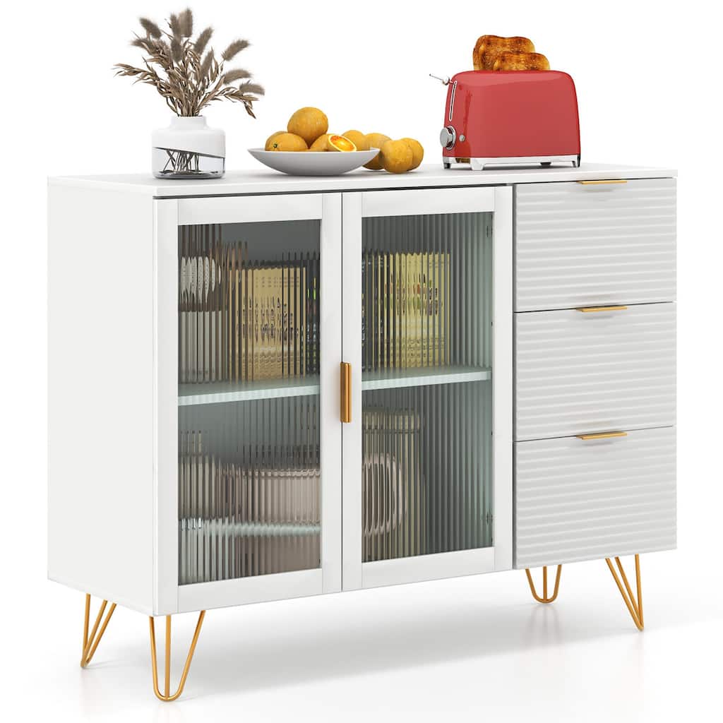 Gymax Buffet Server Sideboard w/ 2 Tempered Glass Doors & 3 Drawers