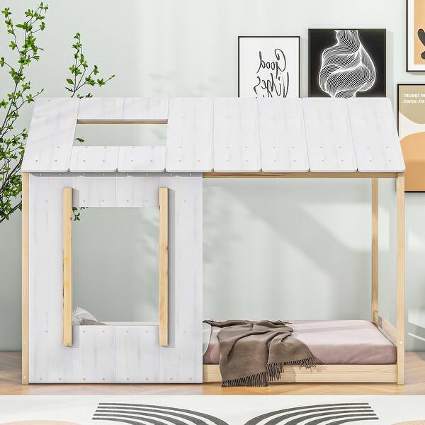 slide 2 of 22, Twin House-Shaped Platform Bed with Roof and Window, Wooden Design Natural White - Twin