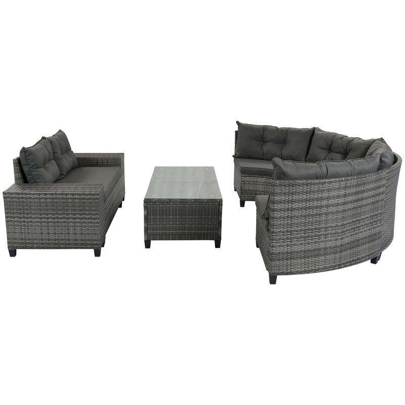 8-Piece Outdoor Patio Wicker Half-Moon Sectional Sofa Set with Rectangular Coffee Table