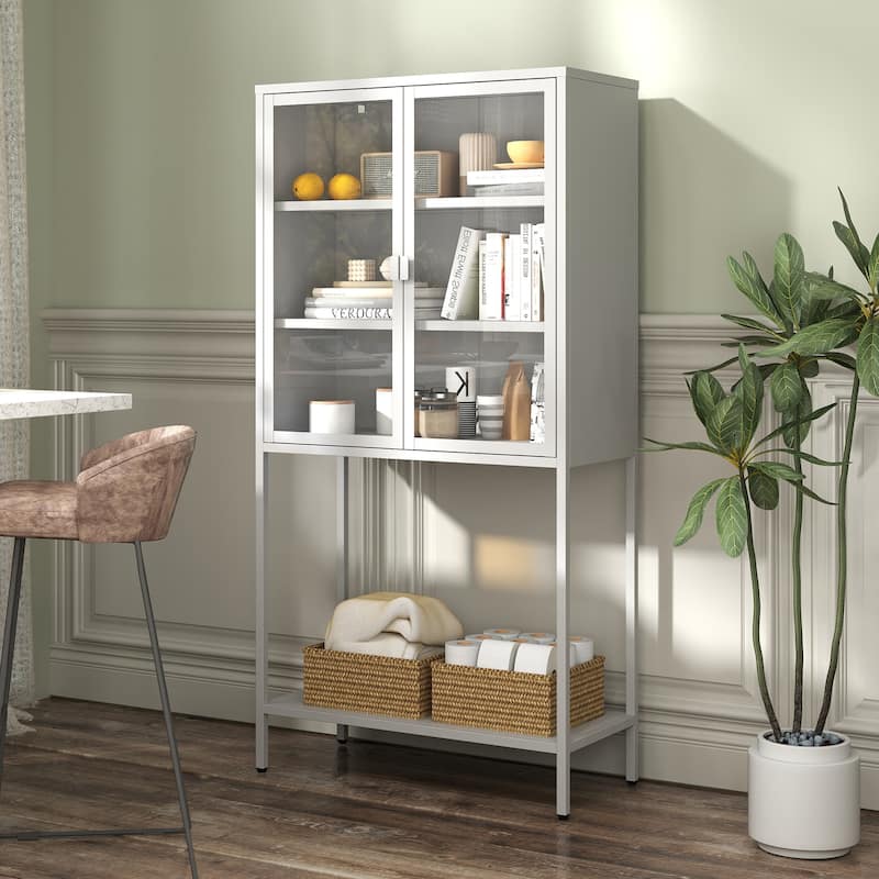 59"H Metal Storage Cabinet,Display Storage Cabinet with Glass Doors and 2 adjustable Shelves,Tall Bookcase Bookshelf Cabinet
