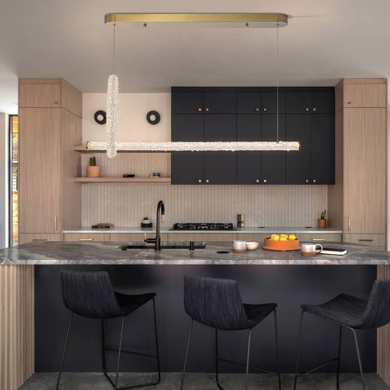 Modern Gold Crystal Ring Linear LED Chandelier, Dimmable - W39.37-in