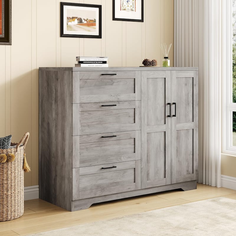 Wood Armoire Wardrobe Closet with 4 Drawers and Door, 43.3" H Bedroom Wardrobe Cabinet with Hanging Rod