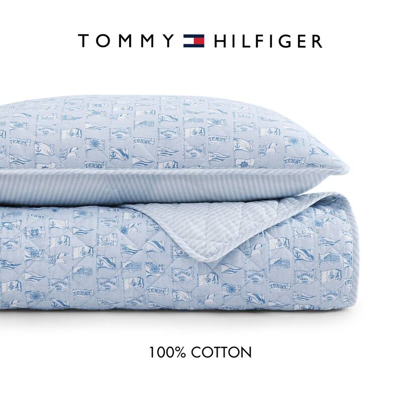 Tommy Hilfiger Boating Flags Blue Cotton Reversible Quilt Set