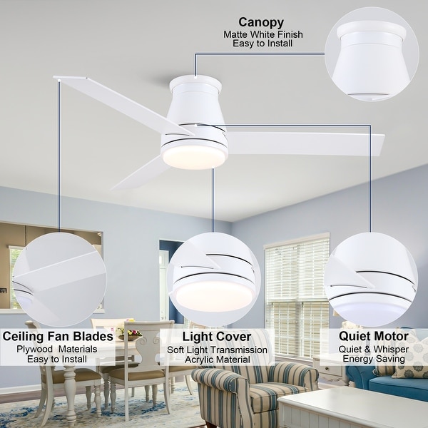 YUHAO 48 in. Indoor White Low Profile Standard Ceiling Fan with Bright White Integrated LED Light Kit Remote Included On Sale Bed Bath Beyond 39793172