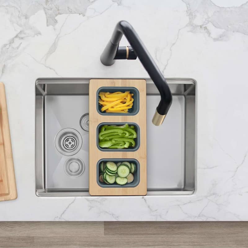 AZUNI 16.75 inch Over the Sink Divided Serving Board with 3 Collapsible Containers - 16.75" x 8.5" - Bamboo Wood
