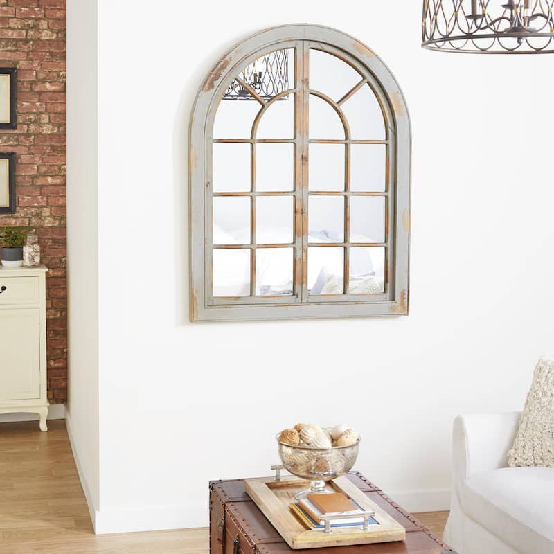 Wood Window Pane Inspired Wall Mirror with Arched Top and Distressing - Gray or White - Roche River Decor