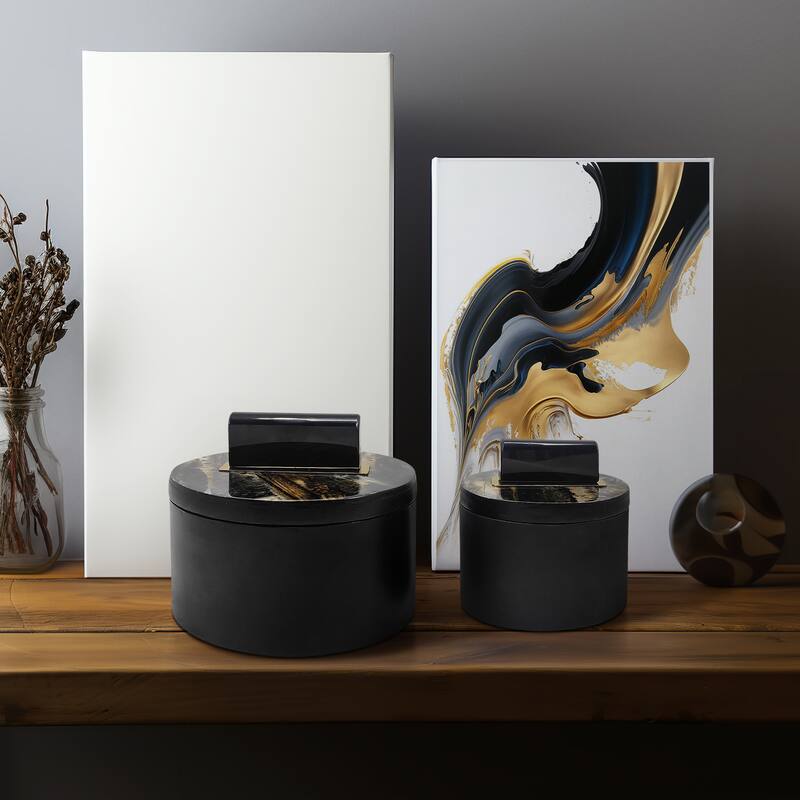 Sagebrook Home 6/7" Wheatly Black Boxes MDF, Iron Resin, and Glass, Chic Home Organization, Set of 2 - 7" x 7" x 6" - Marbled Black - 7" x 7" x 6"