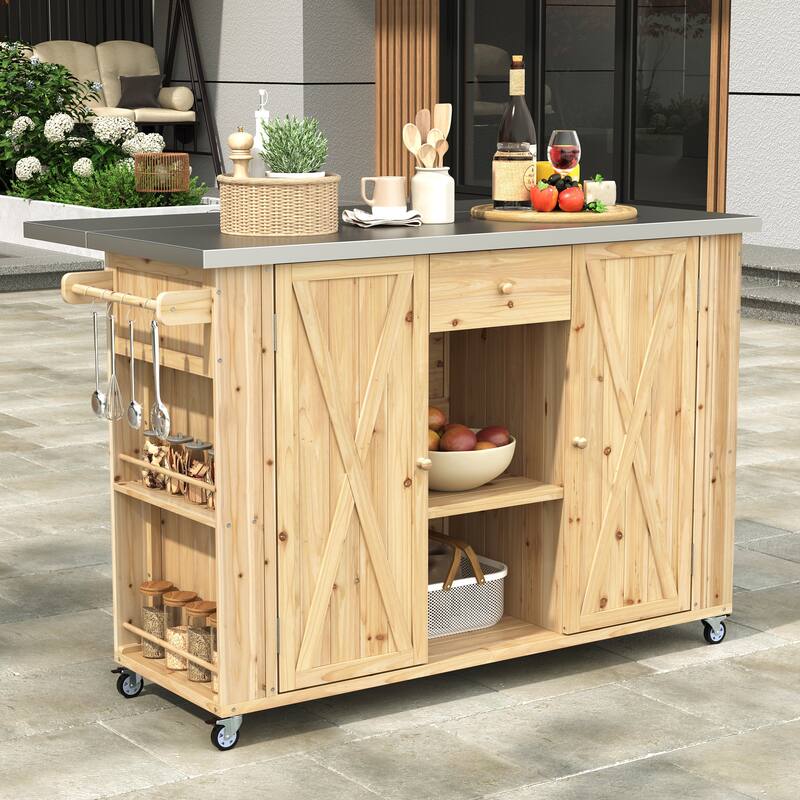 Outdoor Fir Wood Kitchen Island with Stainless Steel Top, Ample Storage Space, Towel, Spice Racks & a Bottle Opener for Outdoor - Natural Wood