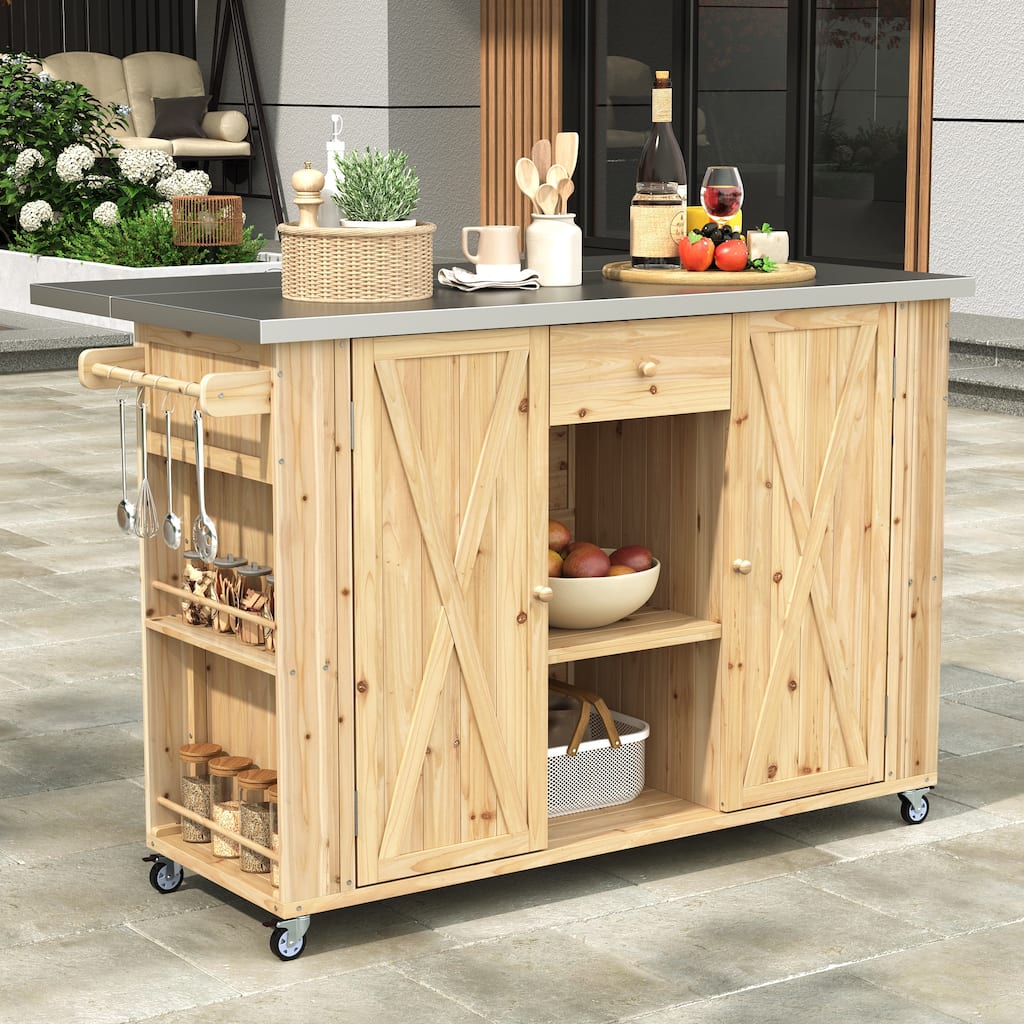 Outdoor Fir Wood Kitchen Island with Stainless Steel Top, Ample Storage Space, Towel, Spice Racks & a Bottle Opener for Outdoor
