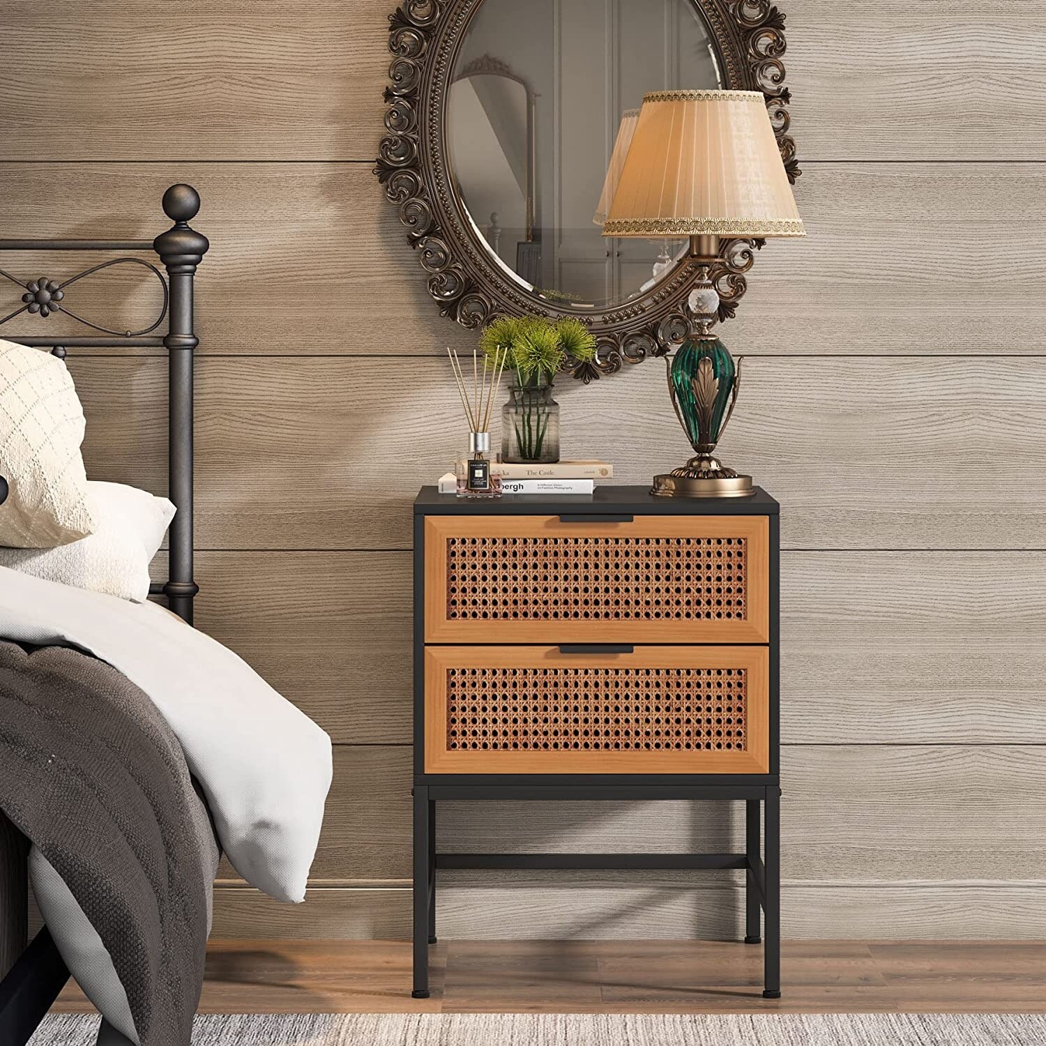Rattan Nightstands with 2 Drawers Wood Bedside Table for Bedroom