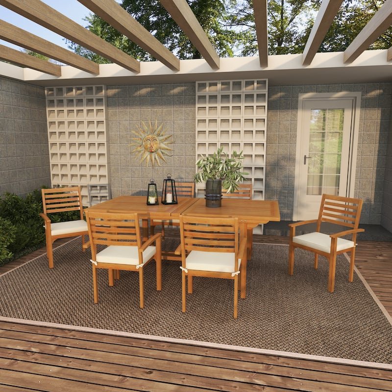 Brown Teak Wood Patio Outdoor Dining Set with White Cushions and Extendable Table Leaf (Set of 7) - 83"W, 30"H(A+B)